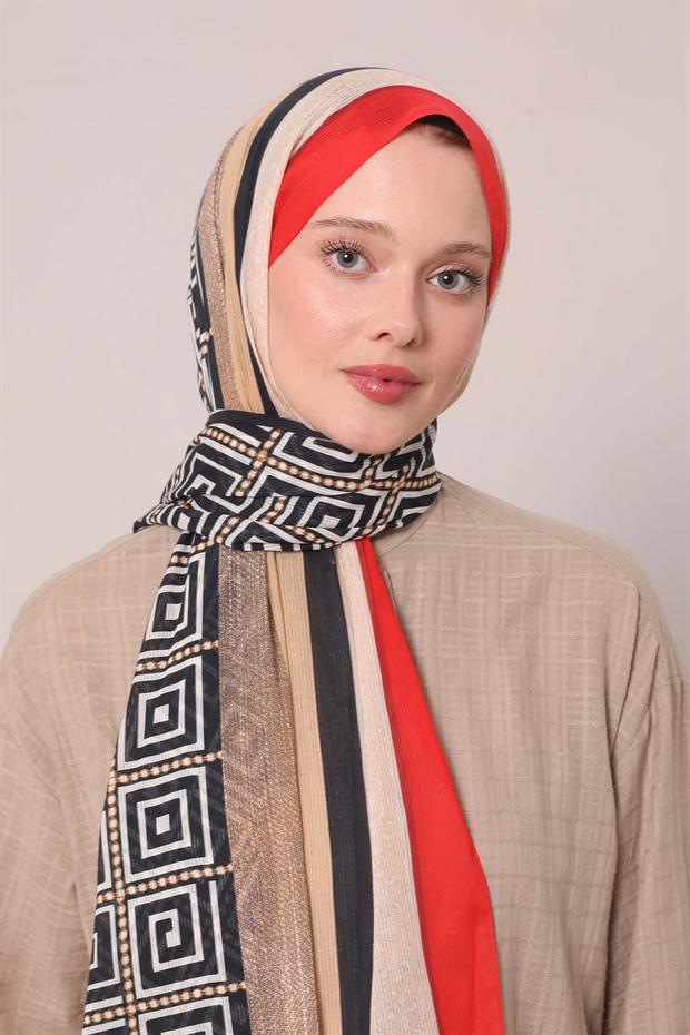 Kırmızı Yıldız Desen Pamuk Şal