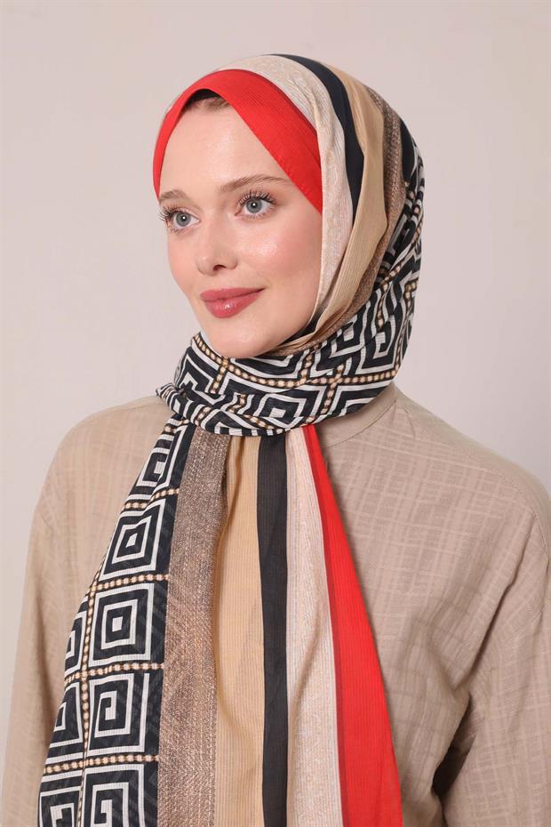 Kırmızı Yıldız Desen Pamuk Şal