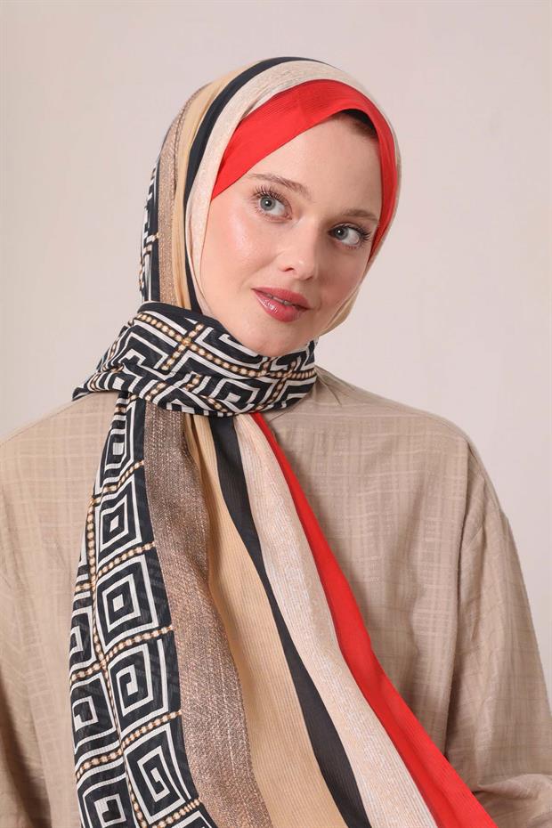 Kırmızı Yıldız Desen Pamuk Şal