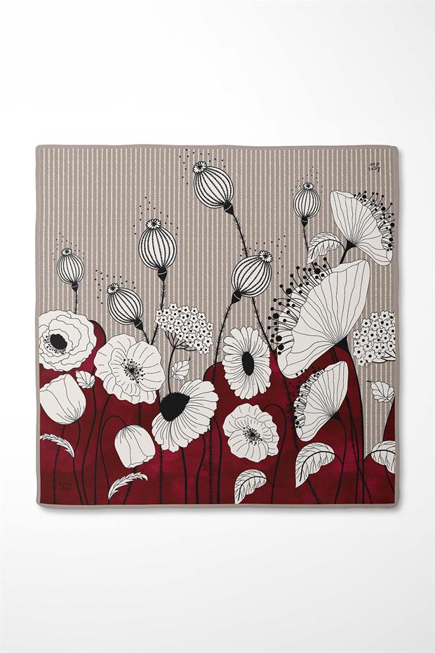 Kırmızı Zambak Çiçek Desen Twill İpek Eşarp