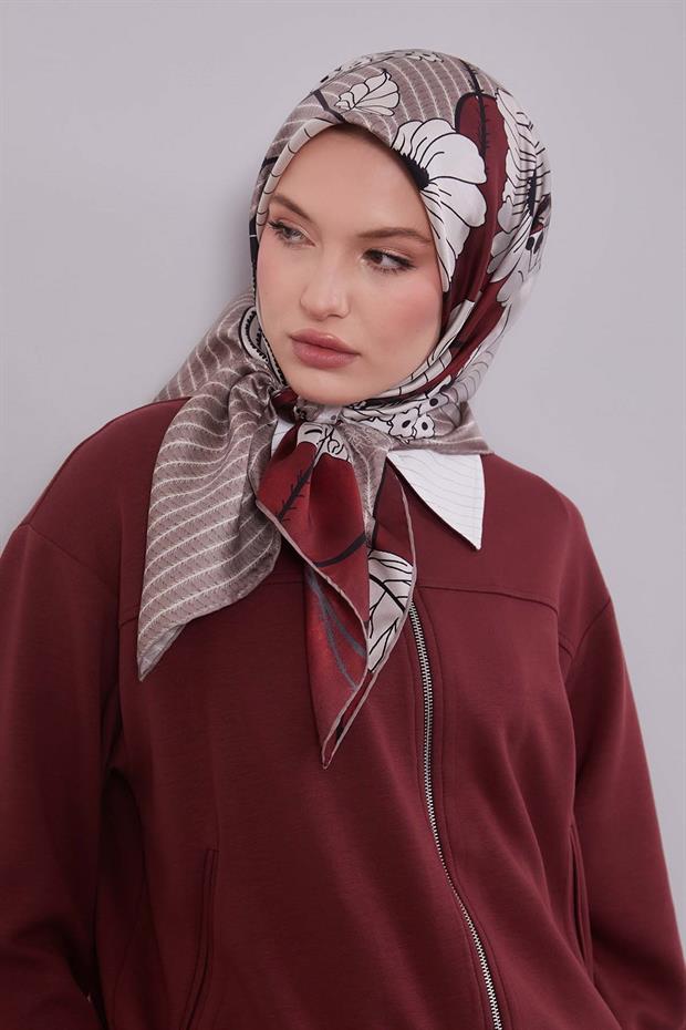 Kırmızı Zambak Çiçek Desen Twill İpek Eşarp