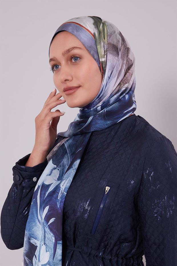 Kot Mavi Karışık Yaprak Desen Hint İpeği Şal