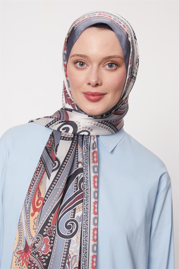 Kot Mavi Kenar Desen Hint İpeği Şal