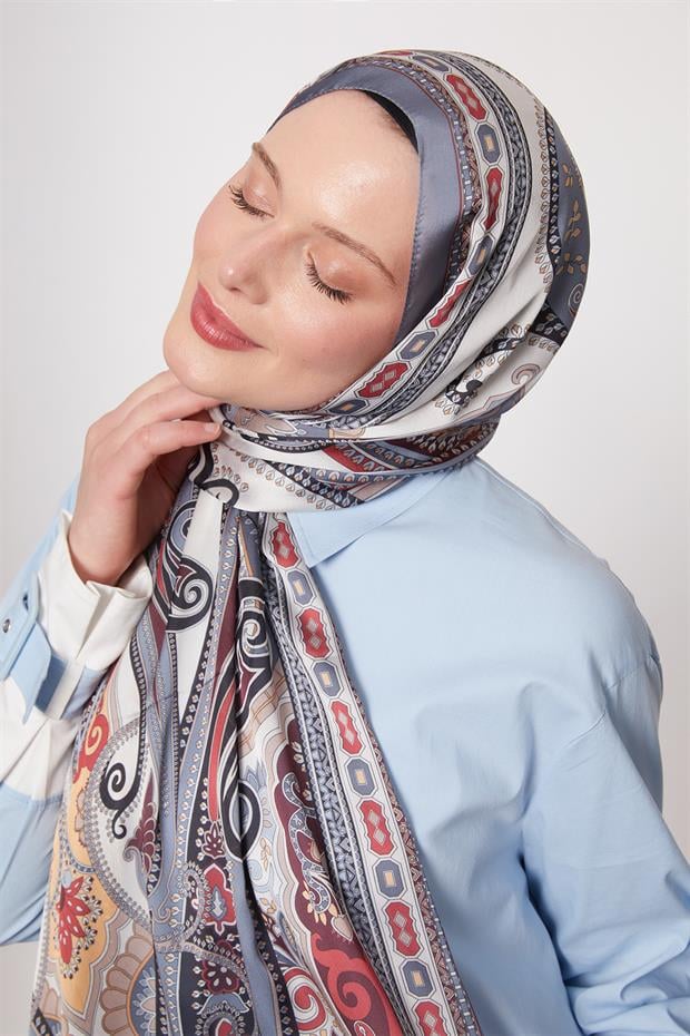 Kot Mavi Kenar Desen Hint İpeği Şal