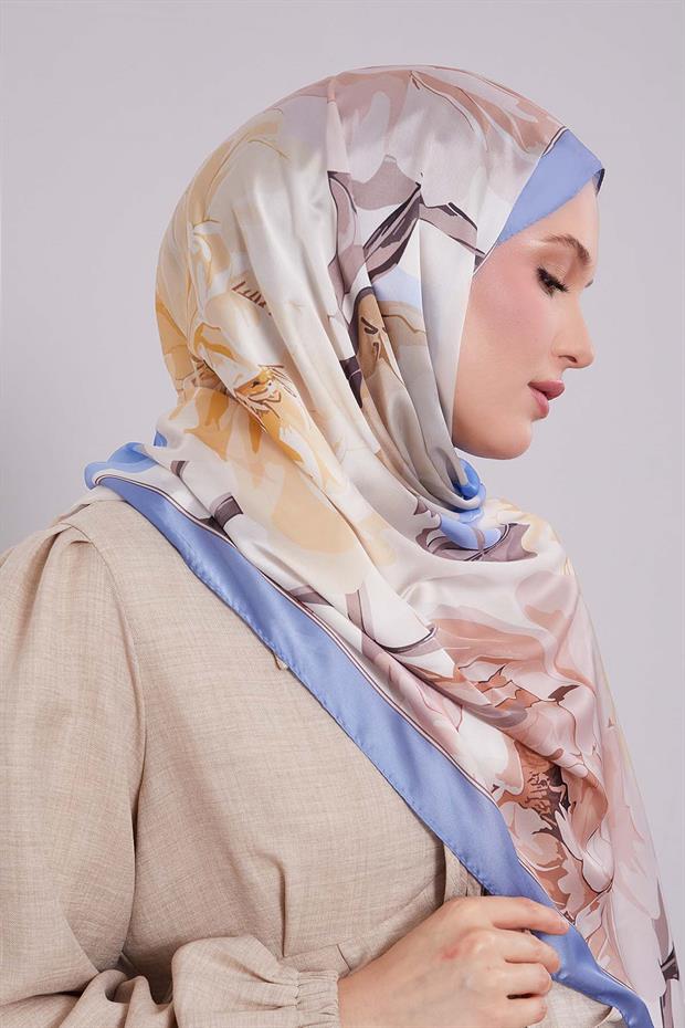 Kot Mavi Lotus Desen Hint İpeği Şal