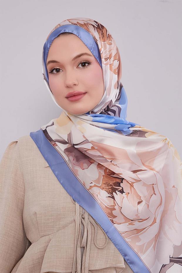 Kot Mavi Lotus Desen Hint İpeği Şal