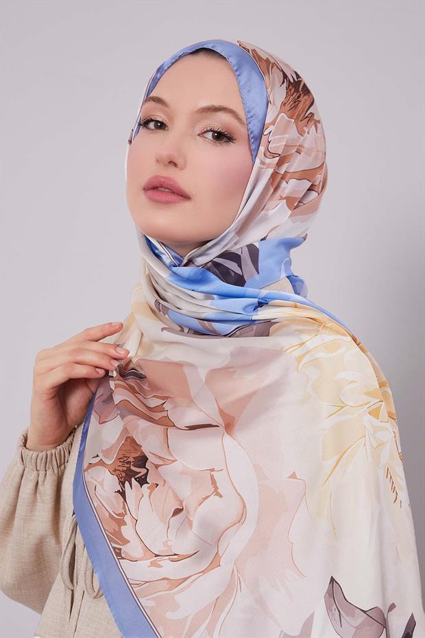 Kot Mavi Lotus Desen Hint İpeği Şal