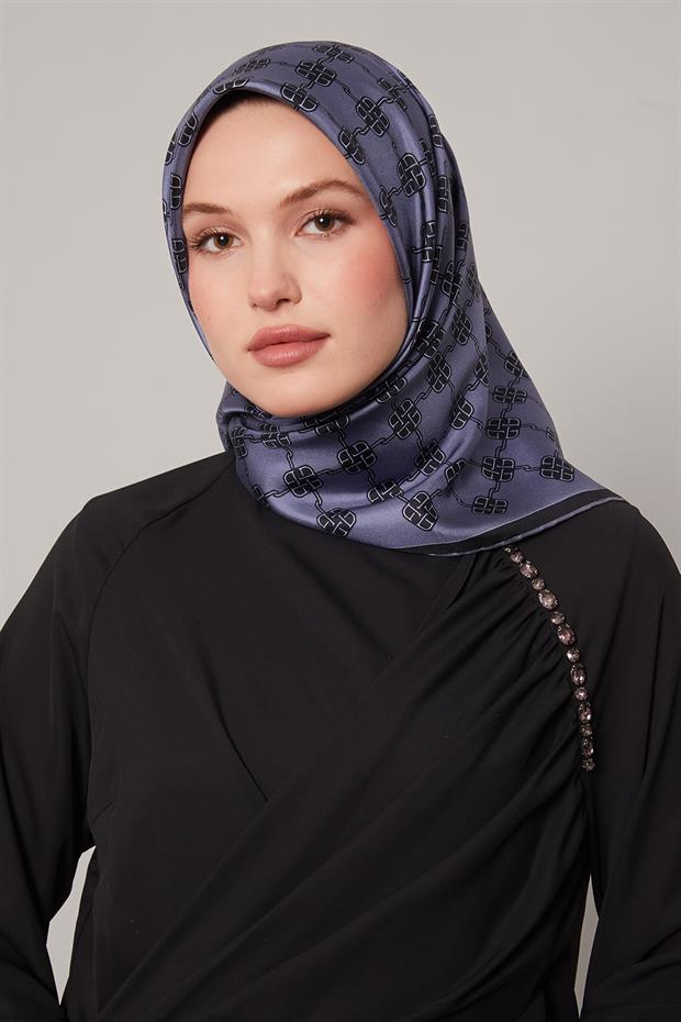 Kot Mavi Mini Yonca Desen Twill İpek Eşarp