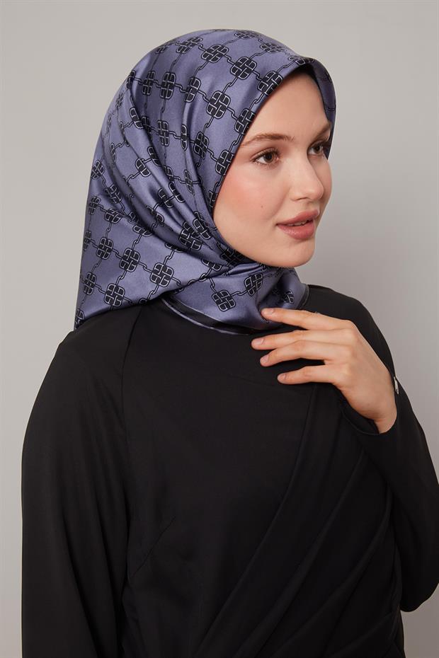 Kot Mavi Mini Yonca Desen Twill İpek Eşarp