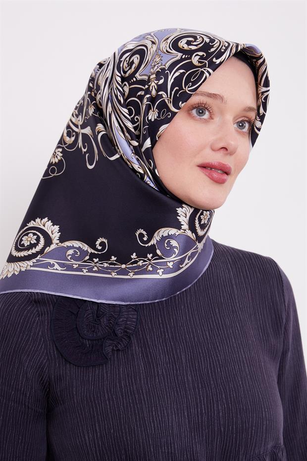 Kot Mavi Varak Desenli Twill İpek Eşarp