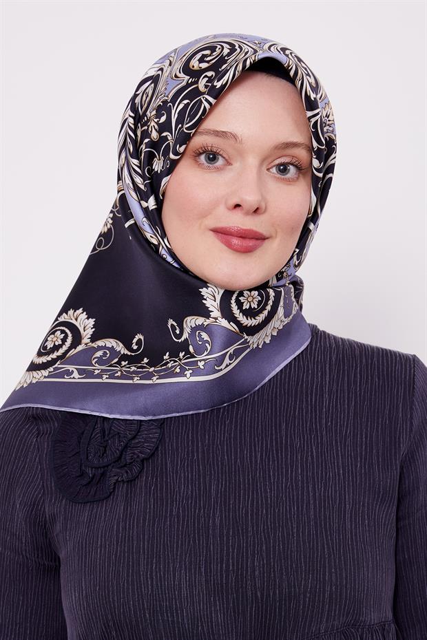 Kot Mavi Varak Desenli Twill İpek Eşarp