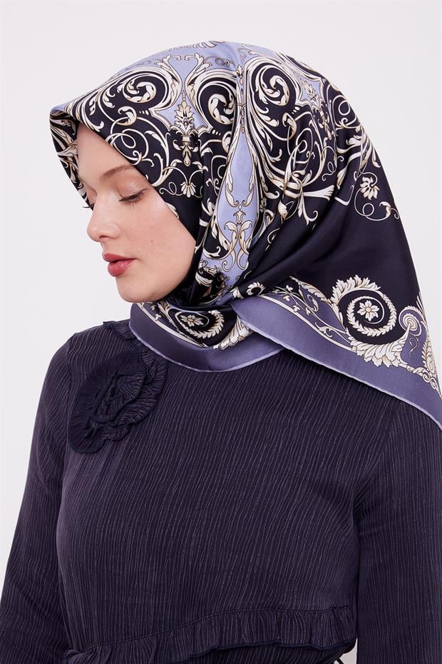 Kot Mavi Varak Desenli Twill İpek Eşarp
