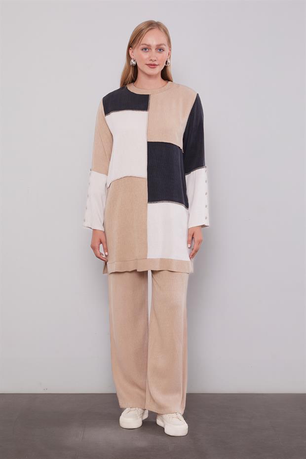 Koyu Bej Çift Renkli İkili Takım