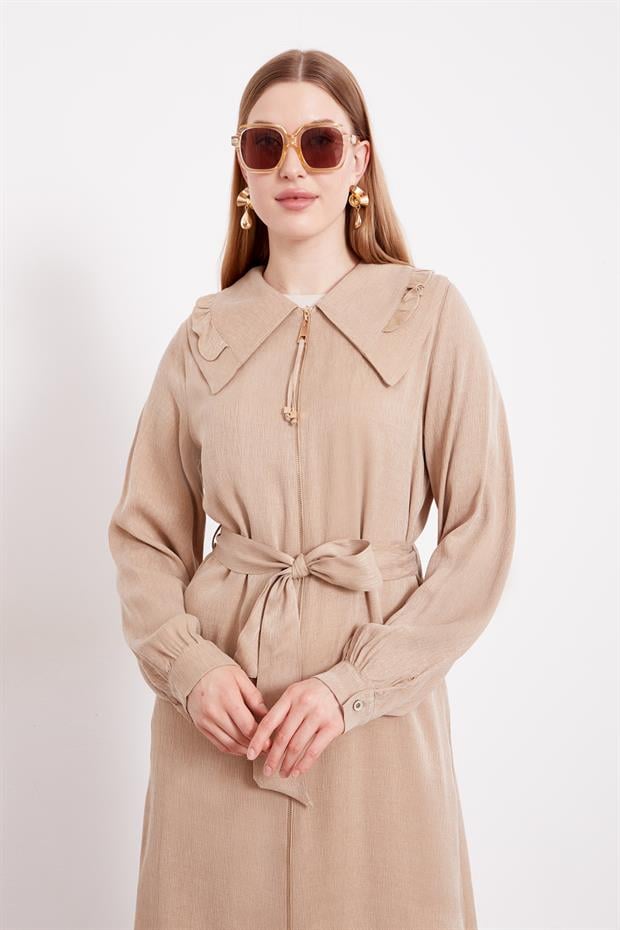 KOYU BEJ Geniş Yakalı Fermuarlı Cupra Kap