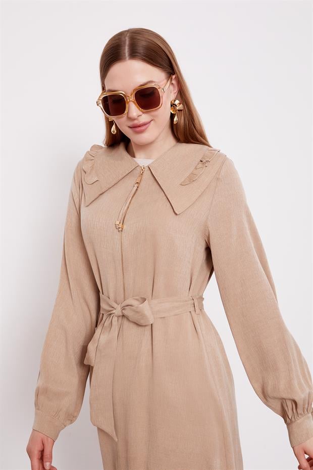 KOYU BEJ Geniş Yakalı Fermuarlı Cupra Kap