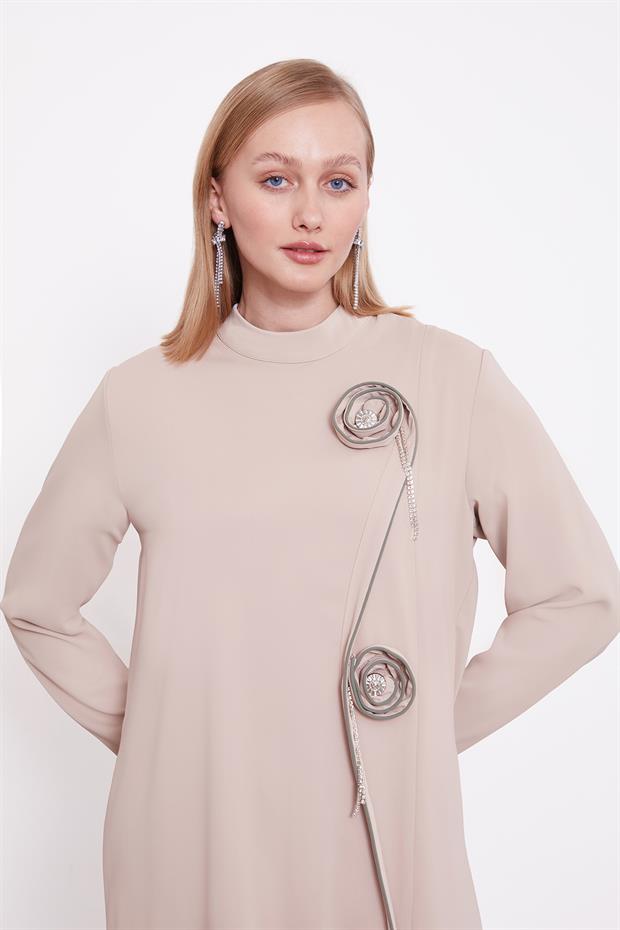 Koyu Bej Gül Taş Detaylı Tunik Takım