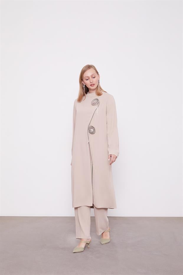 Koyu Bej Gül Taş Detaylı Tunik Takım