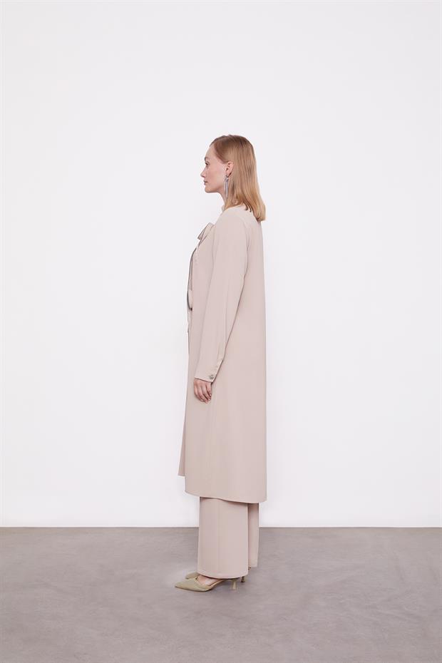 Koyu Bej Gül Taş Detaylı Tunik Takım