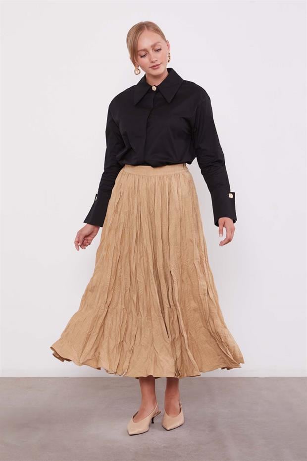 KOYU BEJ Kırışık Model Etek