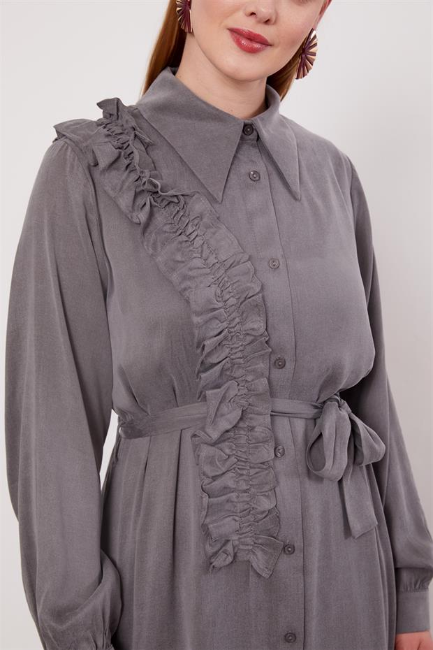 Koyu Gri Düğme Detaylı Cupra Elbise