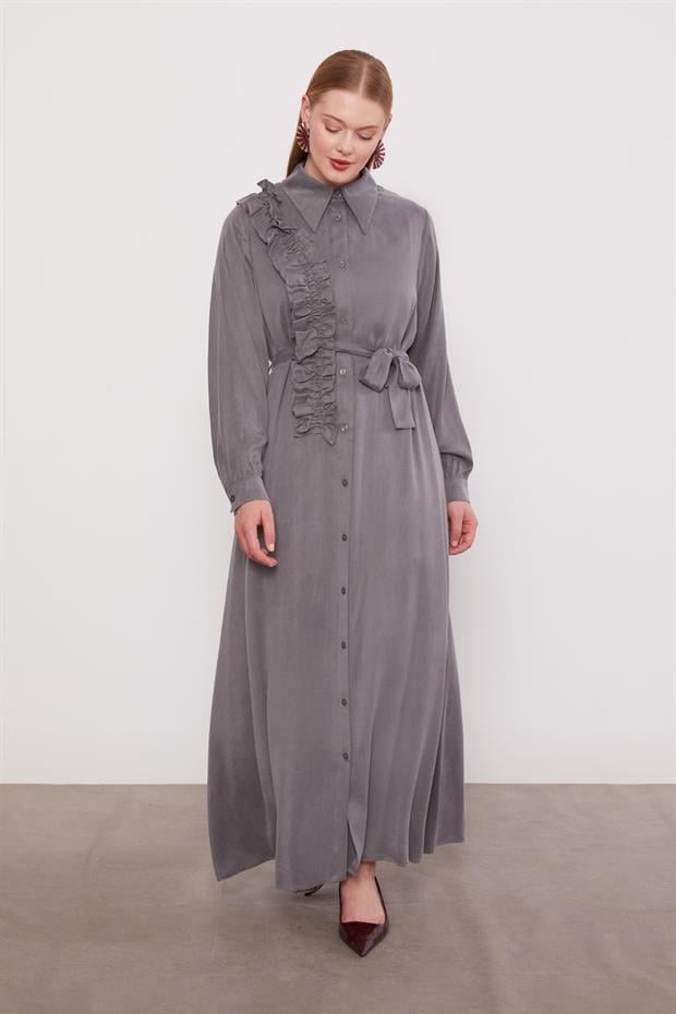 Koyu Gri Düğme Detaylı Cupra Elbise