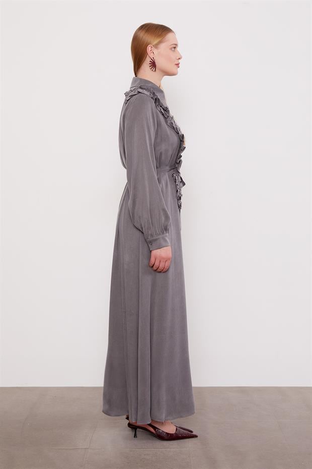 Koyu Gri Düğme Detaylı Cupra Elbise