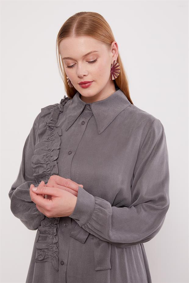 Koyu Gri Düğme Detaylı Cupra Elbise