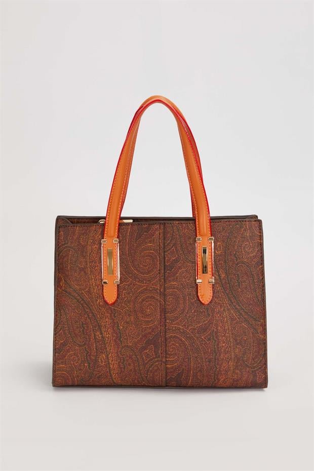 Koyu Kahve Cüzdan Detaylı Etnik Desen El Çantası