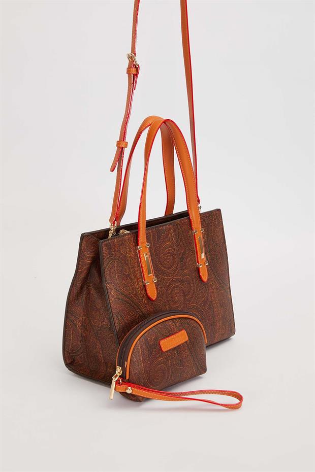 Koyu Kahve Cüzdan Detaylı Etnik Desen El Çantası
