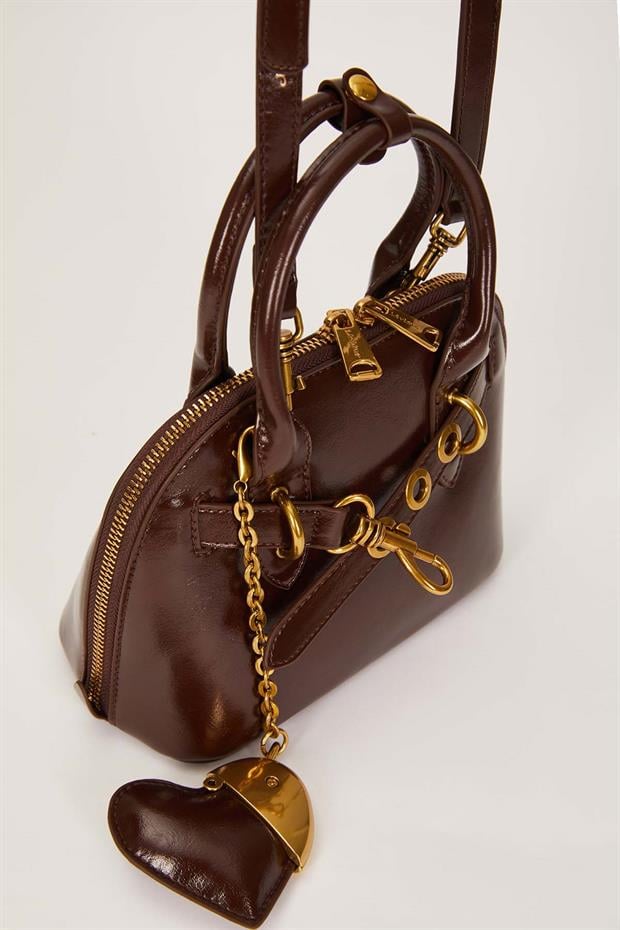 Koyu Kahve Gold Metal Halkalı El Çantası