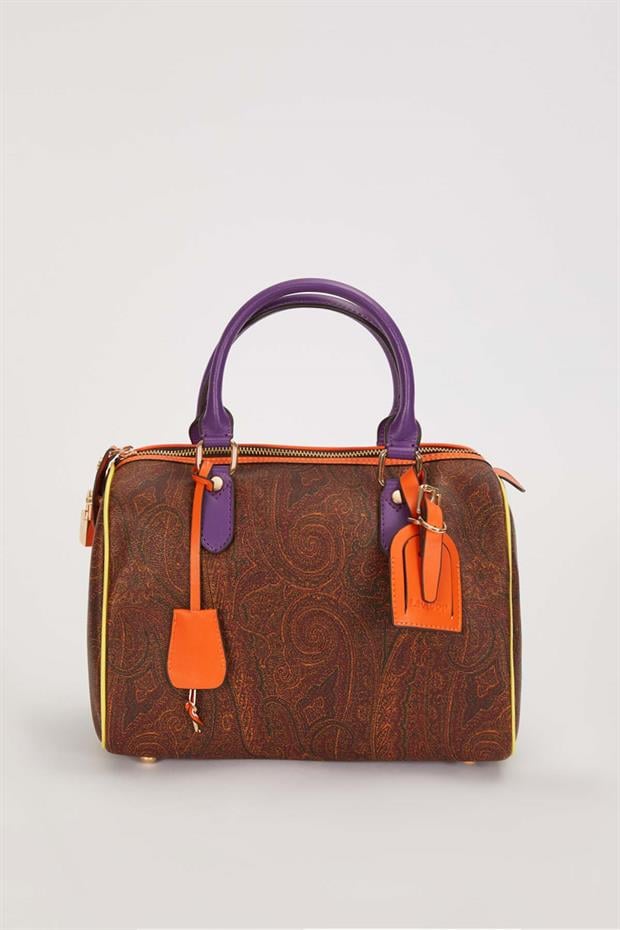 KOYU KAHVE Motif Desenli Bombeli El Çantası