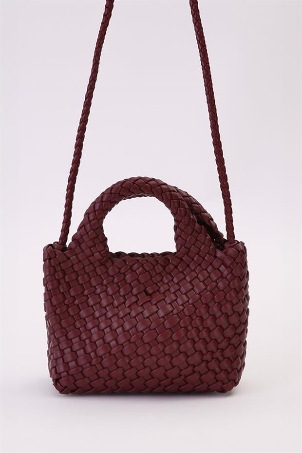 Koyu Kahve Örgü Top Aksesuarlı El Çantası