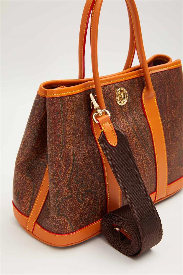 KOYU KAHVE Şeritli Etnik Desen El Çantası