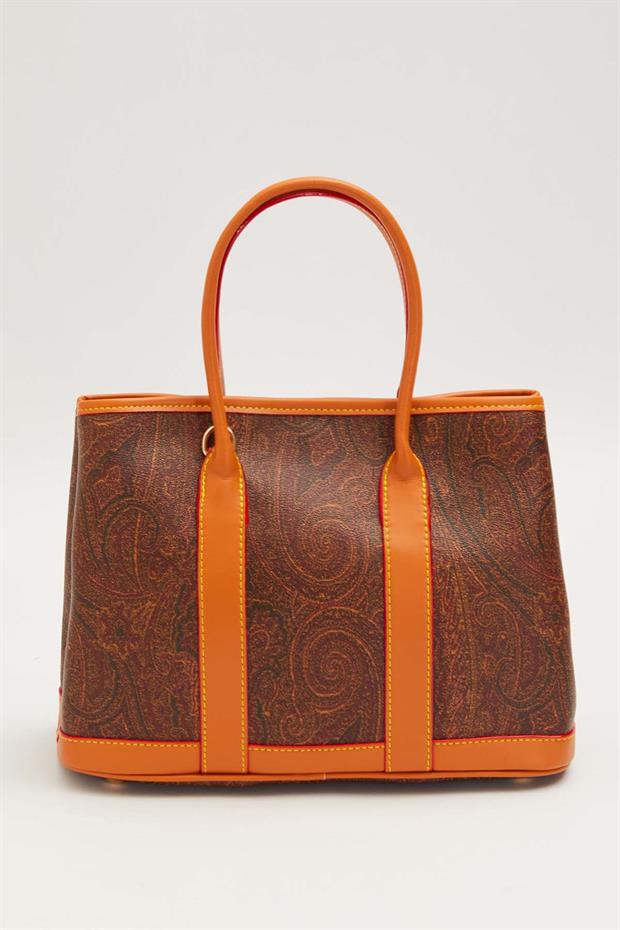 KOYU KAHVE Şeritli Etnik Desen El Çantası