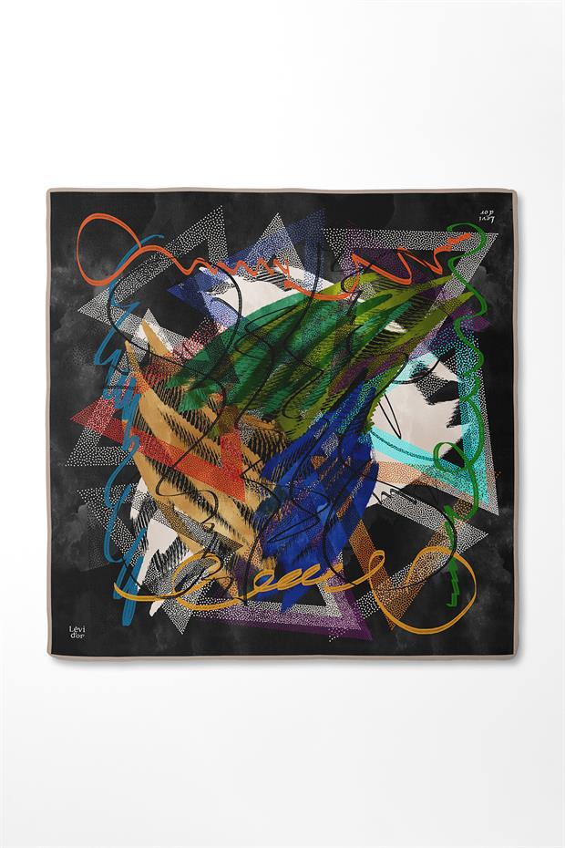 Koyu Lacivert Karmaşık Desen Twill İpek Eşarp