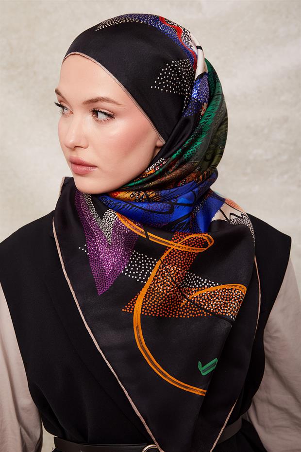 Koyu Lacivert Karmaşık Desen Twill İpek Eşarp