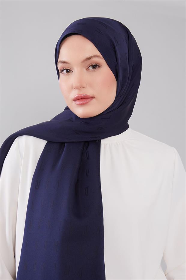 Koyu Lacivert LVD Baskılı Jakarlı Şal