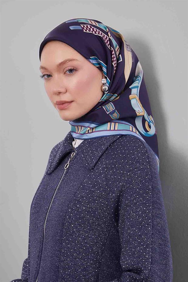 Koyu Lacivert Twill İpek Eşarp Lunera Koleksiyonu