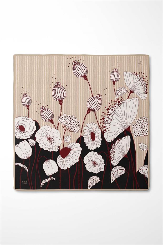 Koyu Lacivert Zambak Çiçek Desen Twill İpek Eşarp