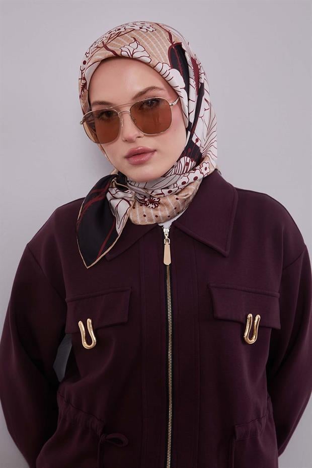 Koyu Lacivert Zambak Çiçek Desen Twill İpek Eşarp