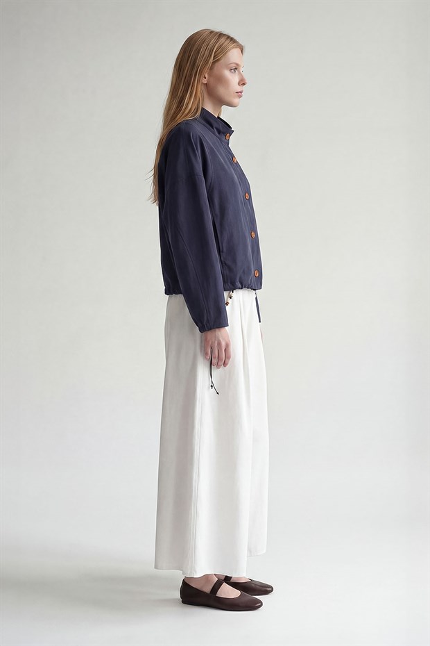 Koyu Mavi Bomber Görünümlü Dik Yaka Ceket