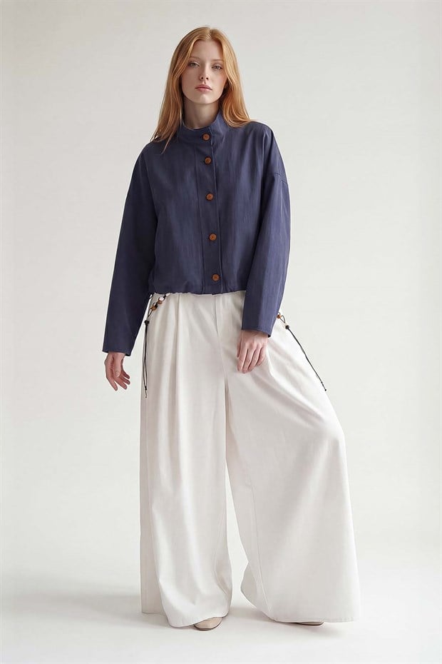 Koyu Mavi Bomber Görünümlü Dik Yaka Ceket