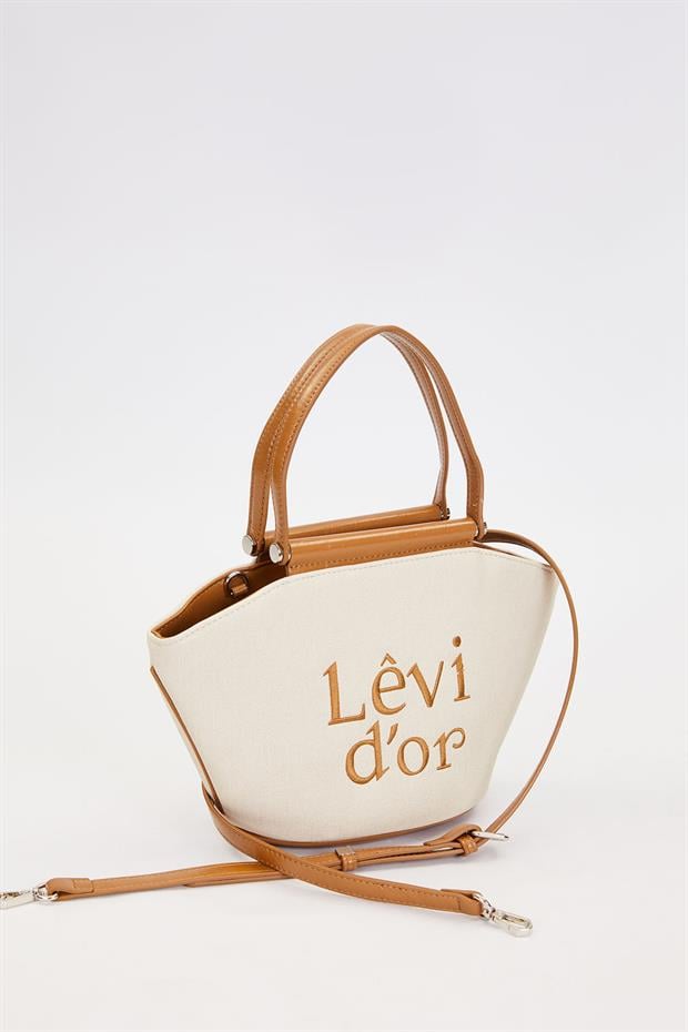 Krem - Camel Hasır Görünümlü El Çantası