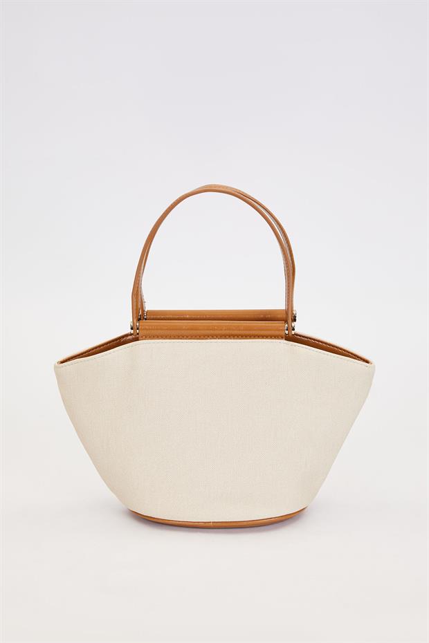 Krem - Camel Hasır Görünümlü El Çantası