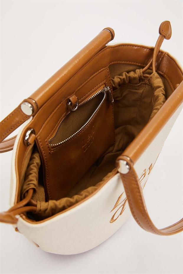 Krem - Camel Hasır Görünümlü El Çantası