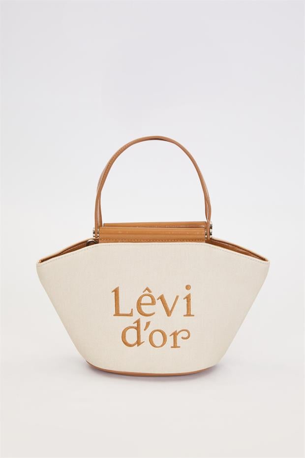 Krem - Camel Hasır Görünümlü El Çantası