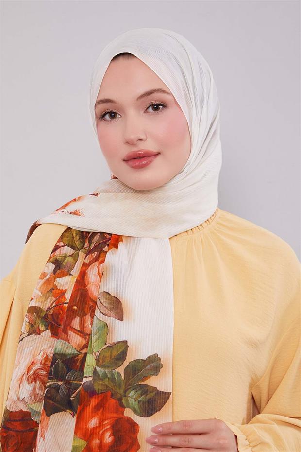 Krem Çiçek Dalı Desen Pamuk Şal