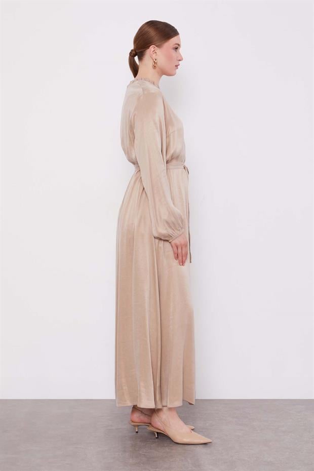 Krem Çiçek Taş Detaylı Cupra Elbise