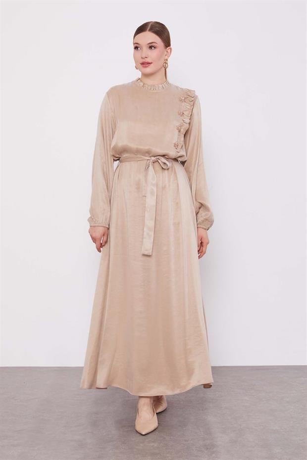 Krem Çiçek Taş Detaylı Cupra Elbise