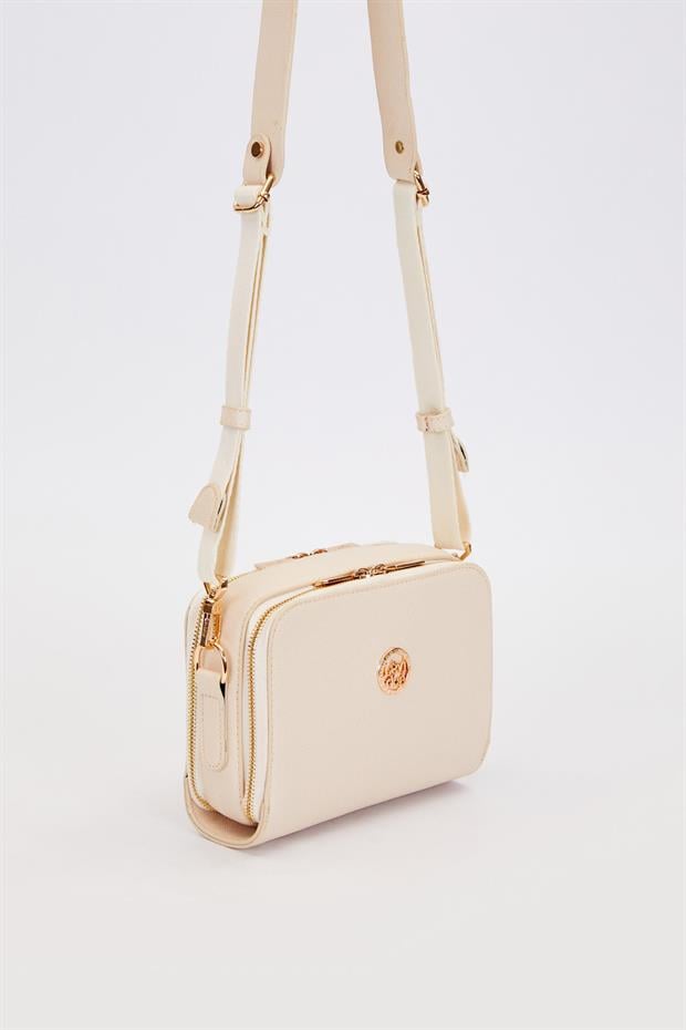 Krem Çift Fermuarlı Ayarlanabilir Omuz Çantası